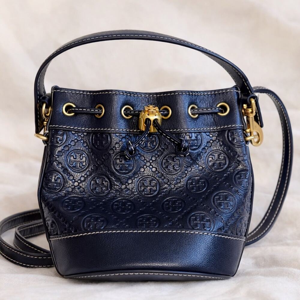 Tory Burch T Monogram Mini Bucket Bag Midnight Blue Leather Crossbody NWOT